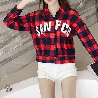 Long-sleeve Lettering Check Blouse Red - One Size