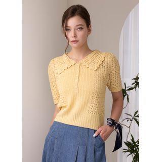Scallop-collar Perforated Knit Polo Shirt