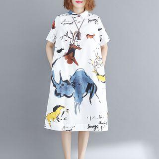 Print Short-sleeve Dress White - One Size