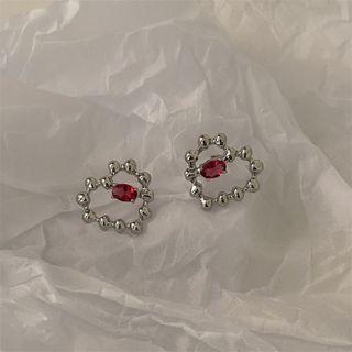 Heart Gemstone Stud Earring 1 Pair - Silver Stud - Silver & Red - One Size
