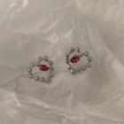 Heart Gemstone Stud Earring 1 Pair - Silver Stud - Silver & Red - One Size