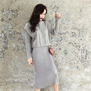 Set: Back Slit Long-sleeve Knit Dress + Turtleneck Sweater