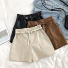 Plain High-waist Faux Leather Wide-leg Pants With Belt