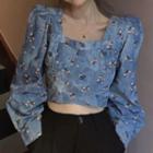 Long-sleeve Floral Print Cropped Blouse Floral - Blue - One Size