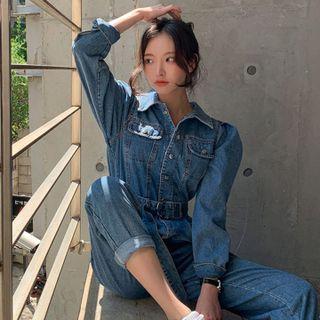 Puff-sleeve Denim Jumpsuit With Belt