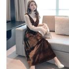 Long-sleeve Mock-neck T-shirt / Velvet Midi A-line Pinafore Dress