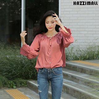 Frilled Tie-neck Raglan-sleeve Blouse