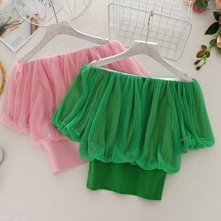 Off Shoulder Plain Puff-sleeve Pleated Top