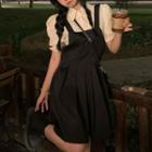 Mock Two-piece Short-sleeve Pleated Mini A-line Shirtdress
