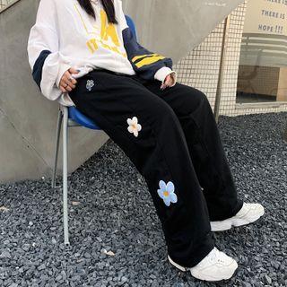 Floral Embroidered Drawstring-cuff Pants