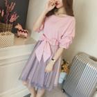 Set: Elbow-sleeve Striped Top + Mesh Skirt