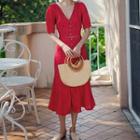 Set: V-neck Short-sleeve Blouse + High-waist Midi Skirt