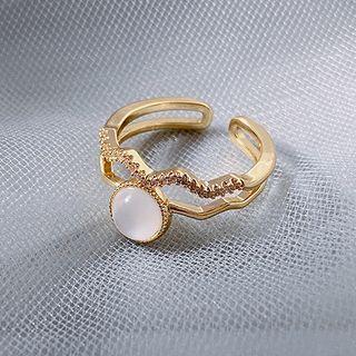 Cat Eye Stone Wavy Layered Open Ring White Cat Eye Stone - Gold - One Size