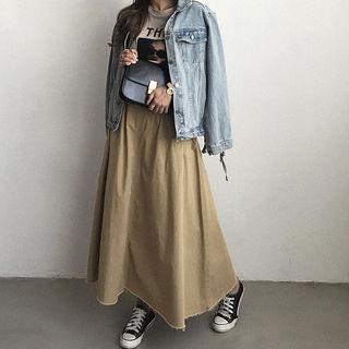 Band-waist Frayed Maxi Skirt