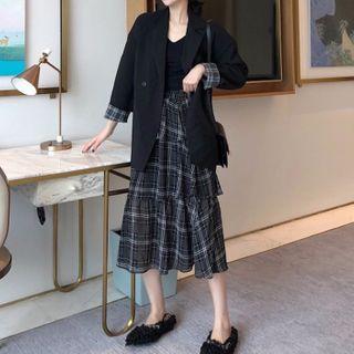 Double Breasted Plaid Trim Blazer / Tiered Plaid A-line Midi Skirt