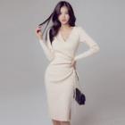 Long-sleeve Ruched Knit Bodycon Dress Almond - One Size