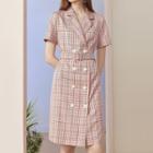 Plaid Short-sleeve Double-breasted Shirt Dress