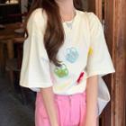 Short-sleeve Flower Detail T-shirt Almond - One Size