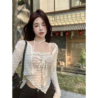 Set: Lace Cropped Camisole Top + Light Jacket Set Of 2 - Camisole Top & Jacket - Off-white - One Size