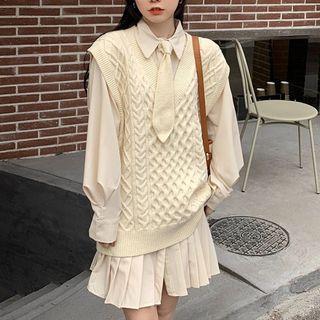 Long-sleeve Mini A-line Shirtdress / Sweater Vest