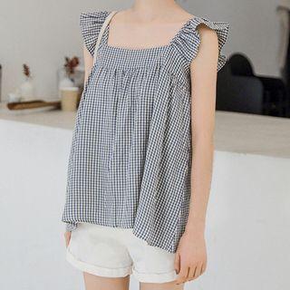 Plaid Ruffle Trim Camisole Top Plaid - White & Blue - One Size