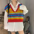 Set: Long-sleeve Shirt + Sleeveless Striped Vest Set Of 2 - One Size