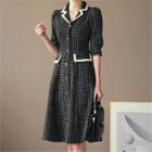 Piped Checked A-line Midi Tweed Dress