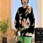 Round Neck Floral Sweater Black - One Size