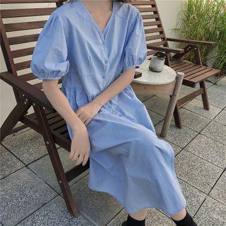 Puff-sleeve V-neck Button Midi A-line Dress