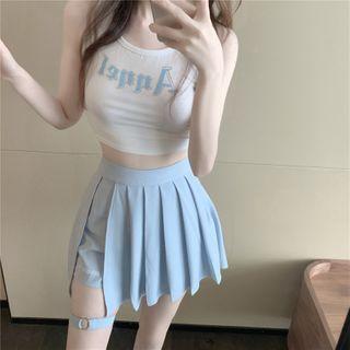 Rhinestone Crop Tank Top / Pleated Mini Skirt With Thigh-ring