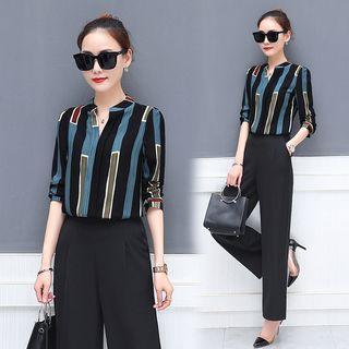 Short-sleeve Striped Top / Wide-leg Pants