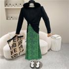 Long-sleeve Plain T-shirt + Patterned Midi Skirt Black & Green - One Size