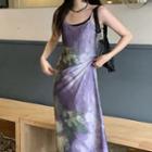 Set: Spaghetti Strap Printed Midi Dress + Slipdress Set Of 2 - Spaghetti Strap Dress & Slipdress - Violet & Black - One Size