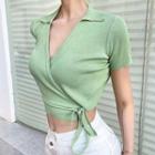 Short-sleeve V-neck Lace-up Cropped T-shirt