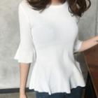 Frilled 3/4-sleeve Knit Sweater