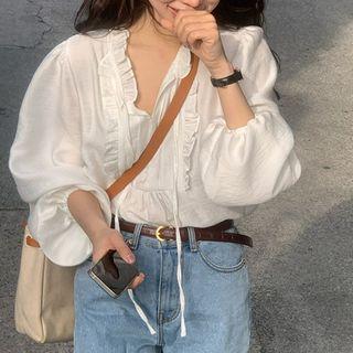 Balloon-sleeve V-neck Ruffle Top