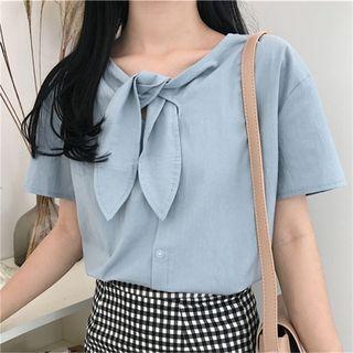 Plain Bow-accent V-neck Short-sleeve Top