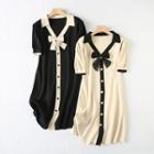 Short-sleeve Collar Bow Accent Knit Smock Dress