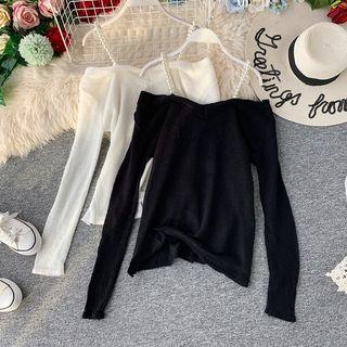 Long-sleeve Beaded Cold-shoulder Knit Top