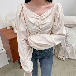 Square-neck Beribboned-cuff Shirred Blouse
