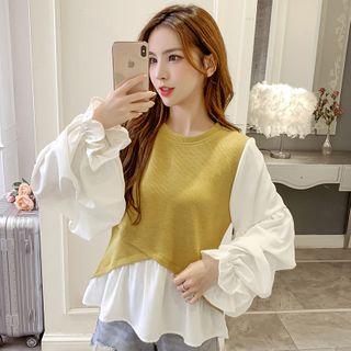 Knit Panel Balloon-sleeve Peplum Blouse