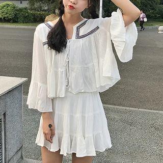 Set: Embroidered 3/4 Sleeve Top + A-line Skirt