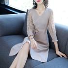3/4-sleeve Lace Panel A-line Knit Dress