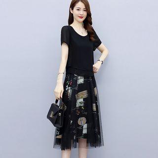 Set: Short-sleeve Plain Blouse + Printed Mesh A-line Skirt