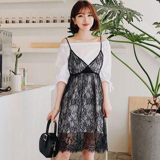 Mock Two-piece Elbow-sleeve Lace Overlay A-line Dress