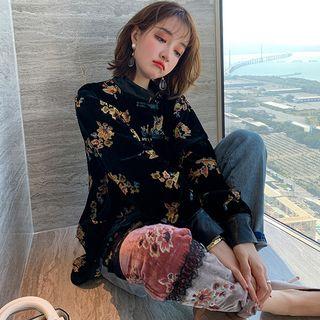 Set: Flower Print Velvet Shirt + Straight-cut Jeans