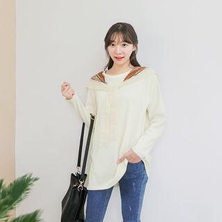 Long-sleeve Tie-front Layered-panel Lace-trim Top
