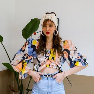 3/4-sleeve Patterned Drawstring Cropped Top Tangerine - One Size