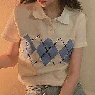 Short-sleeve Argyle Polo Shirt Polo Shirt - Blue & Black & White - One Size
