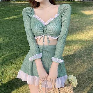 Set: Long-sleeve Frill Trim Tankini Top + Swim Skirt